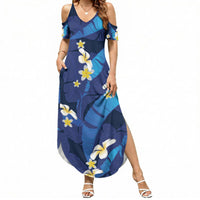 Teal Purple Banana Leaf Hawaii Summer Maxi Dress Lau Maia Plumeria Tropical Summer Vibes