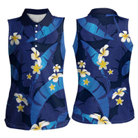 Teal Purple Banana Leaf Hawaii Women Sleeveless Polo Shirt Lau Maia Plumeria Tropical Summer Vibes