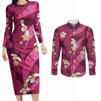Pink Banana Leaf Hawaii Couples Matching Long Sleeve Bodycon Dress and Long Sleeve Button Shirt Lau Maia Plumeria Tropical Summer Vibes