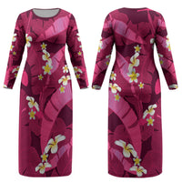 Pink Banana Leaf Hawaii Couples Matching Long Sleeve Bodycon Dress and Long Sleeve Button Shirt Lau Maia Plumeria Tropical Summer Vibes