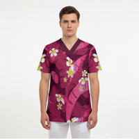 Pink Banana Leaf Hawaii Scrub Top Lau Maia Plumeria Tropical Summer Vibes