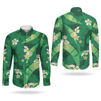 Green Banana Leaf Hawaii Couples Matching Long Sleeve Bodycon Dress and Long Sleeve Button Shirt Lau Maia Plumeria Tropical Summer Vibes