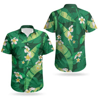 Green Banana Leaf Hawaii Couples Matching Off Shoulder Maxi Dress and Hawaiian Shirt Lau Maia Plumeria Tropical Summer Vibes