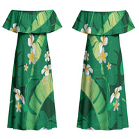 Green Banana Leaf Hawaii Couples Matching Off Shoulder Maxi Dress and Long Sleeve Button Shirt Lau Maia Plumeria Tropical Summer Vibes