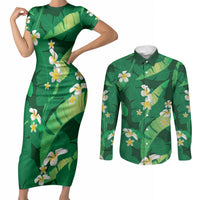 Green Banana Leaf Hawaii Couples Matching Short Sleeve Bodycon Dress and Long Sleeve Button Shirt Lau Maia Plumeria Tropical Summer Vibes