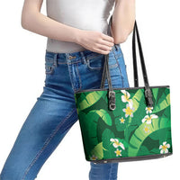 Green Banana Leaf Hawaii Leather Tote Bag Lau Maia Plumeria Tropical Summer Vibes