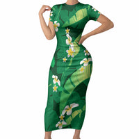 Green Banana Leaf Hawaii Short Sleeve Bodycon Dress Lau Maia Plumeria Tropical Summer Vibes