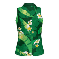 Green Banana Leaf Hawaii Women Sleeveless Polo Shirt Lau Maia Plumeria Tropical Summer Vibes