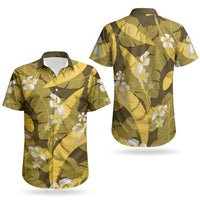 Yellow Banana Leaf Hawaii Couples Matching Off Shoulder Maxi Dress and Hawaiian Shirt Lau Maia Plumeria Tropical Summer Vibes
