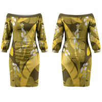 Yellow Banana Leaf Hawaii Couples Matching Off The Shoulder Long Sleeve Dress and Long Sleeve Button Shirt Lau Maia Plumeria Tropical Summer Vibes