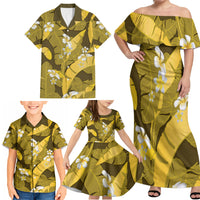 Yellow Banana Leaf Hawaii Family Matching Off Shoulder Maxi Dress and Hawaiian Shirt Lau Maia Plumeria Tropical Summer Vibes