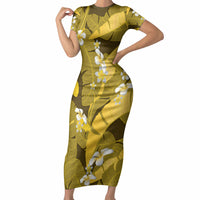 Yellow Banana Leaf Hawaii Short Sleeve Bodycon Dress Lau Maia Plumeria Tropical Summer Vibes