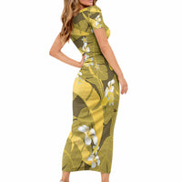 Yellow Banana Leaf Hawaii Short Sleeve Bodycon Dress Lau Maia Plumeria Tropical Summer Vibes