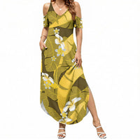Yellow Banana Leaf Hawaii Summer Maxi Dress Lau Maia Plumeria Tropical Summer Vibes