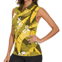Yellow Banana Leaf Hawaii Women Sleeveless Polo Shirt Lau Maia Plumeria Tropical Summer Vibes