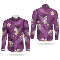 Purple Banana Leaf Hawaii Couples Matching Long Sleeve Bodycon Dress and Long Sleeve Button Shirt Lau Maia Plumeria Tropical Summer Vibes