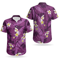 Purple Banana Leaf Hawaii Couples Matching Off Shoulder Short Dress and Hawaiian Shirt Lau Maia Plumeria Tropical Summer Vibes