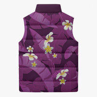 Purple Banana Leaf Hawaii Sleeveless Puffer Jacket Lau Maia Plumeria Tropical Summer Vibes