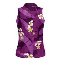 Purple Banana Leaf Hawaii Women Sleeveless Polo Shirt Lau Maia Plumeria Tropical Summer Vibes