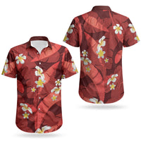 Red Banana Leaf Hawaii Couples Matching Long Sleeve Bodycon Dress and Hawaiian Shirt Lau Maia Plumeria Tropical Summer Vibes
