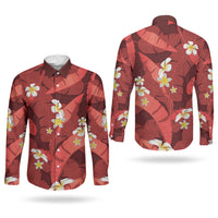 Red Banana Leaf Hawaii Couples Matching Long Sleeve Bodycon Dress and Long Sleeve Button Shirt Lau Maia Plumeria Tropical Summer Vibes