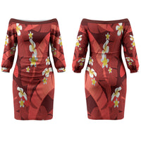 Red Banana Leaf Hawaii Couples Matching Off The Shoulder Long Sleeve Dress and Long Sleeve Button Shirt Lau Maia Plumeria Tropical Summer Vibes