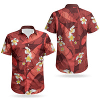 Red Banana Leaf Hawaii Couples Matching Puletasi and Hawaiian Shirt Lau Maia Plumeria Tropical Summer Vibes