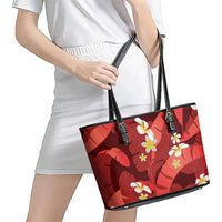 Red Banana Leaf Hawaii Leather Tote Bag Lau Maia Plumeria Tropical Summer Vibes