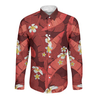 Red Banana Leaf Hawaii Long Sleeve Button Shirt Lau Maia Plumeria Tropical Summer Vibes