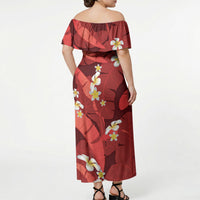 Red Banana Leaf Hawaii Off Shoulder Maxi Dress Lau Maia Plumeria Tropical Summer Vibes