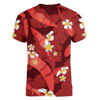 Red Banana Leaf Hawaii Women V-Neck T-Shirt Lau Maia Plumeria Tropical Summer Vibes