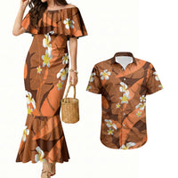 Orange Banana Leaf Hawaii Couples Matching Mermaid Dress and Hawaiian Shirt Lau Maia Plumeria Tropical Summer Vibes
