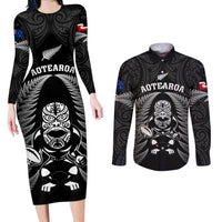 New Zealand Aotearoa Rugby Couples Matching Long Sleeve Bodycon Dress and Long Sleeve Button Shirts NZ Tiki With Maori Fern World Cup Black Version LT14 Black - Polynesian Pride