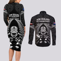 New Zealand Aotearoa Rugby Couples Matching Long Sleeve Bodycon Dress and Long Sleeve Button Shirts NZ Tiki With Maori Fern World Cup Black Version LT14 - Polynesian Pride