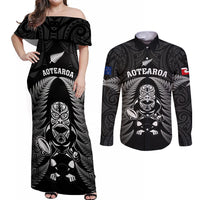 New Zealand Aotearoa Rugby Couples Matching Off Shoulder Maxi Dress and Long Sleeve Button Shirts NZ Tiki With Maori Fern World Cup Black Version LT14 Black - Polynesian Pride