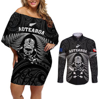 New Zealand Aotearoa Rugby Couples Matching Off Shoulder Short Dress and Long Sleeve Button Shirts NZ Tiki With Maori Fern World Cup Black Version LT14 Black - Polynesian Pride