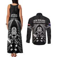 New Zealand Aotearoa Rugby Couples Matching Tank Maxi Dress and Long Sleeve Button Shirts NZ Tiki With Maori Fern World Cup Black Version LT14 - Polynesian Pride