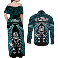 New Zealand Aotearoa Rugby Couples Matching Off Shoulder Maxi Dress and Long Sleeve Button Shirts NZ Tiki With Maori Fern World Cup Turquoise Version LT14 - Polynesian Pride