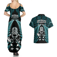 New Zealand Aotearoa Rugby Couples Matching Summer Maxi Dress and Hawaiian Shirt NZ Tiki With Maori Fern World Cup Turquoise Version LT14 - Polynesian Pride