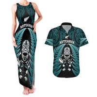 New Zealand Aotearoa Rugby Couples Matching Tank Maxi Dress and Hawaiian Shirt NZ Tiki With Maori Fern World Cup Turquoise Version LT14 Turquoise - Polynesian Pride