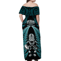 New Zealand Aotearoa Rugby Off Shoulder Maxi Dress NZ Tiki With Maori Fern World Cup Turquoise Version LT14 - Polynesian Pride