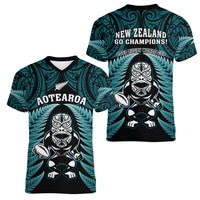 New Zealand Aotearoa Rugby Women V Neck T Shirt NZ Tiki With Maori Fern World Cup Turquoise Version LT14 - Polynesian Pride