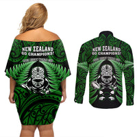 New Zealand Aotearoa Rugby Couples Matching Off Shoulder Short Dress and Long Sleeve Button Shirts NZ Tiki With Maori Fern World Cup Green Version LT14 - Polynesian Pride