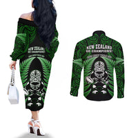 New Zealand Aotearoa Rugby Couples Matching Off The Shoulder Long Sleeve Dress and Long Sleeve Button Shirts NZ Tiki With Maori Fern World Cup Green Version LT14 - Polynesian Pride