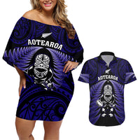 New Zealand Aotearoa Rugby Couples Matching Off Shoulder Short Dress and Hawaiian Shirt NZ Tiki With Maori Fern World Cup Blue Version LT14 Blue - Polynesian Pride