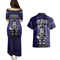 New Zealand Aotearoa Rugby Couples Matching Puletasi Dress and Hawaiian Shirt NZ Tiki With Maori Fern World Cup Blue Version LT14 - Polynesian Pride