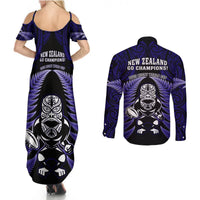 New Zealand Aotearoa Rugby Couples Matching Summer Maxi Dress and Long Sleeve Button Shirts NZ Tiki With Maori Fern World Cup Blue Version LT14 - Polynesian Pride