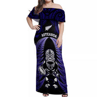 New Zealand Aotearoa Rugby Off Shoulder Maxi Dress NZ Tiki With Maori Fern World Cup Blue Version LT14 Women Blue - Polynesian Pride