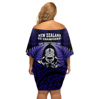 New Zealand Aotearoa Rugby Off Shoulder Short Dress NZ Tiki With Maori Fern World Cup Blue Version LT14 - Polynesian Pride