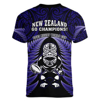 New Zealand Aotearoa Rugby Women V Neck T Shirt NZ Tiki With Maori Fern World Cup Blue Version LT14 - Polynesian Pride